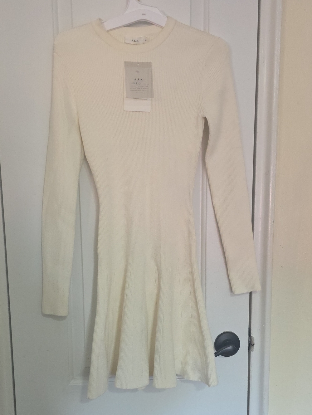 A.L.C. Cream Ribbed Fit-and-Flare Crewneck Sweater Dress
